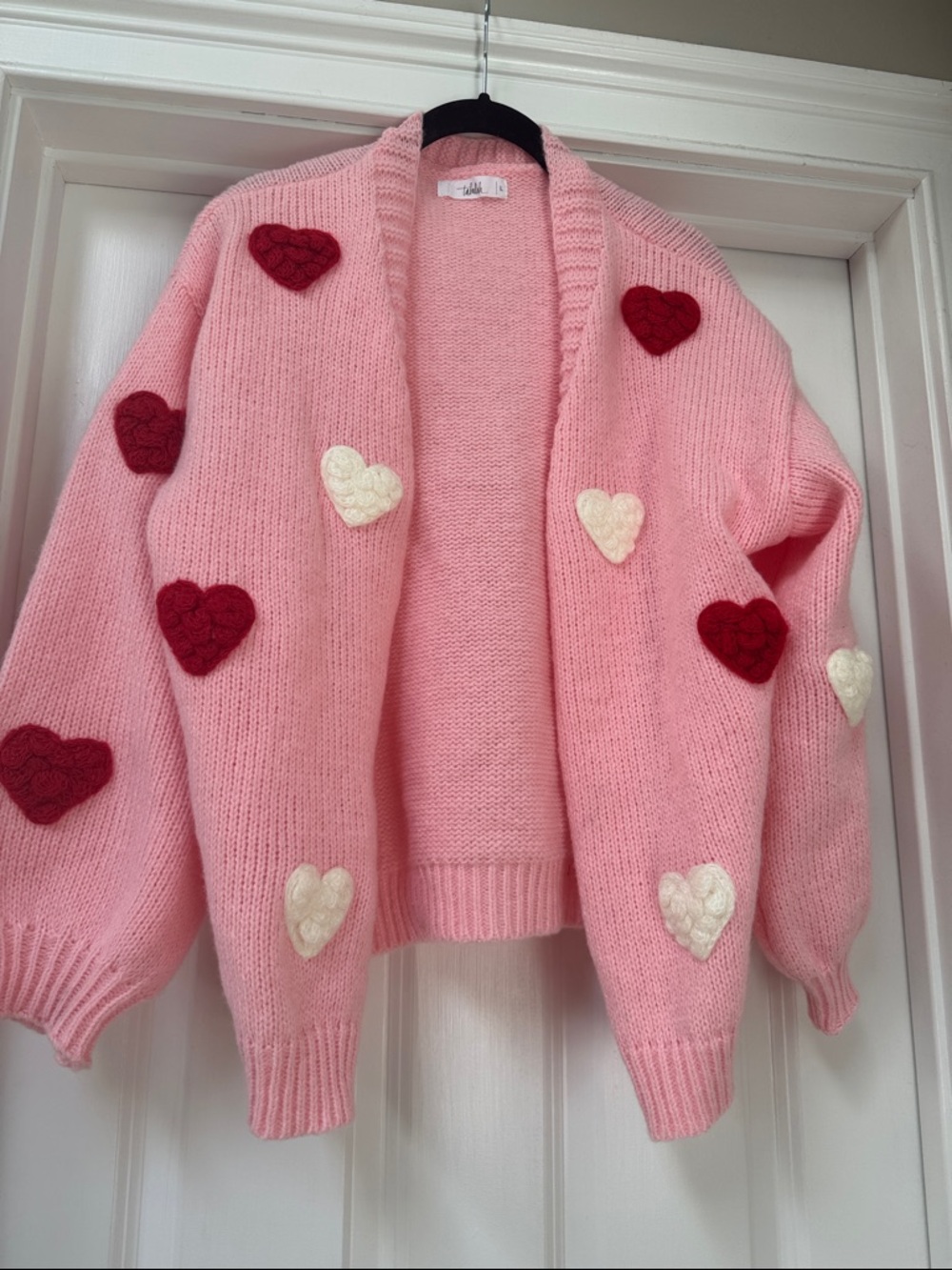 Pink Heart Appliqué Open Cardigan Sweater